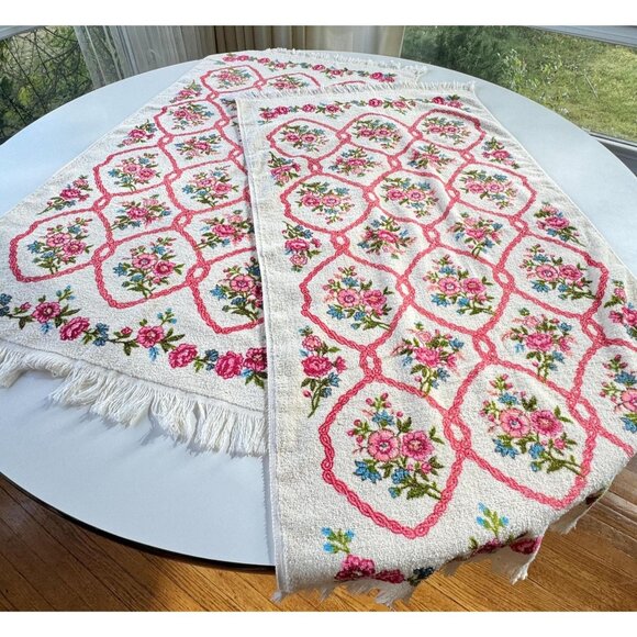 Vintage 70s bath towels, pink floral arabesques beige, fringed, for the pair - Picture 2 of 9